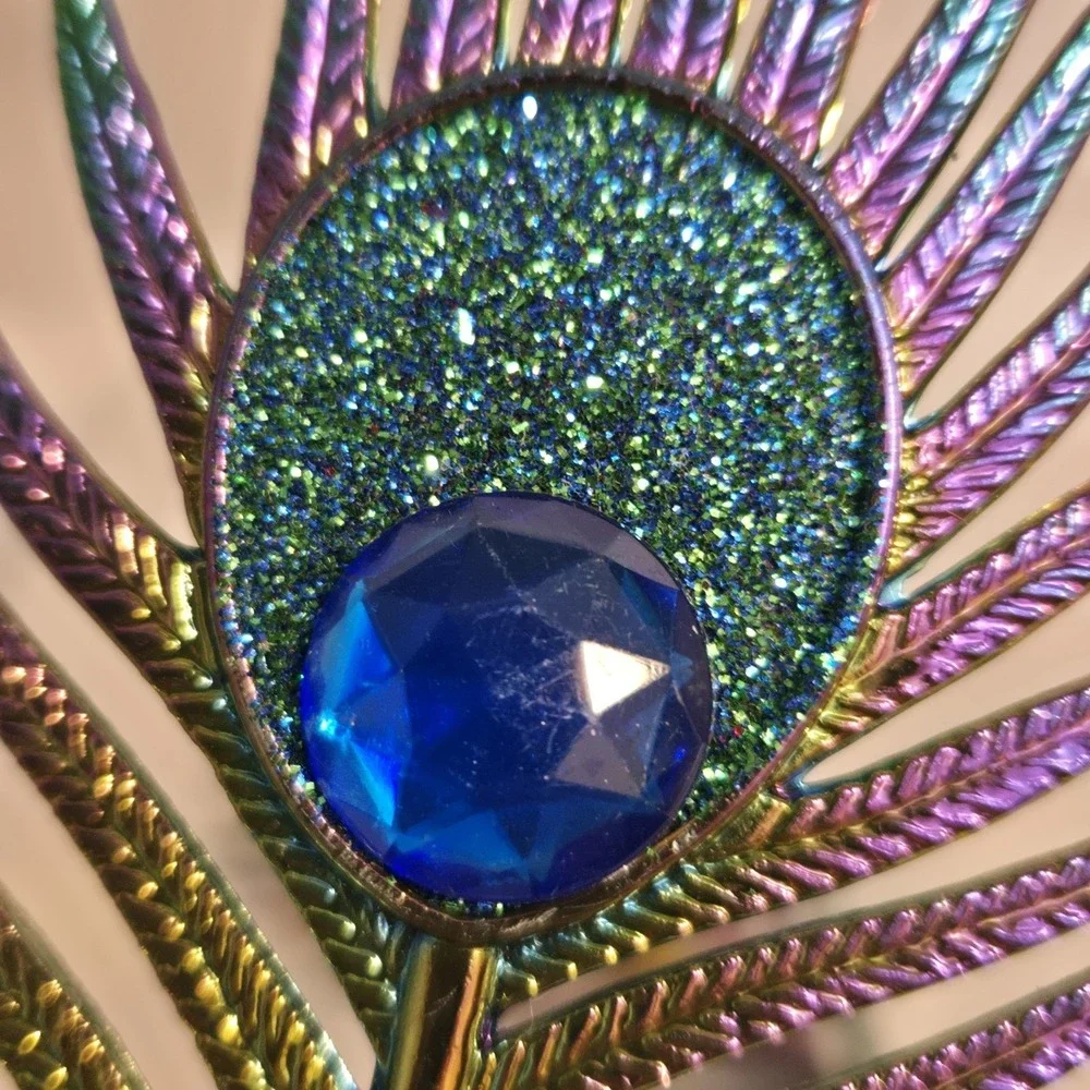 Pair Peacock Feather Clip On Christmas Ornaments Iridescent Jeweled Glitter 6